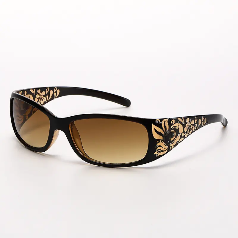 Women's Retro Floral Rhinestone Sunglasses - Brown Gradient Lens Wrap-Around Y2K Shades with Black Gold Floral Decor, UV Protection Fashion Driving Eyewear for Ladies