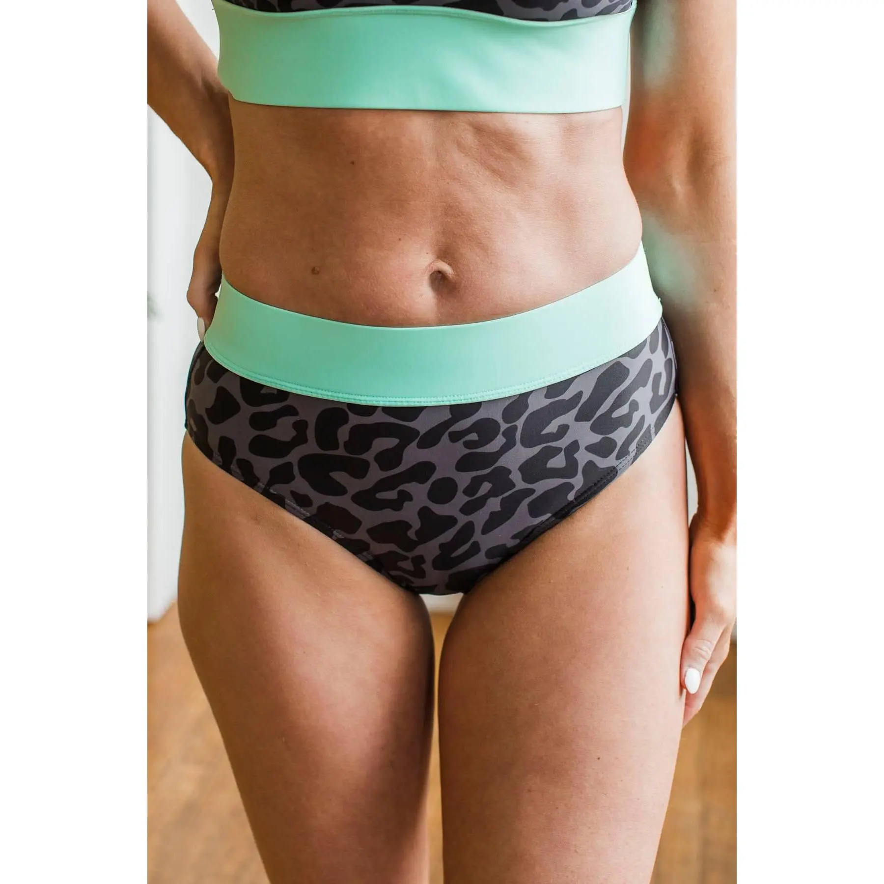 Ray Of Sunshine Bikinis Bottoms - Charcoal Leopard Print, Mint, Stretch Animal Print Swimwear with Elastic Waistband, Beachwear Swimsuit, Leopard Print Swimwear