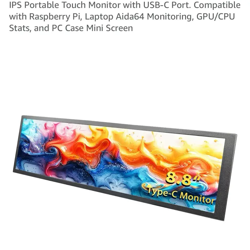 8.8-inch Touchscreen Bar Display, 1920x480, Metal Shell IPS Portable Touch Monitor with USB-C Port. Compatible with Raspberry Pi, Laptop Aida64 Monitoring, GPU/CPU Stats, and PC Case Mini Screen