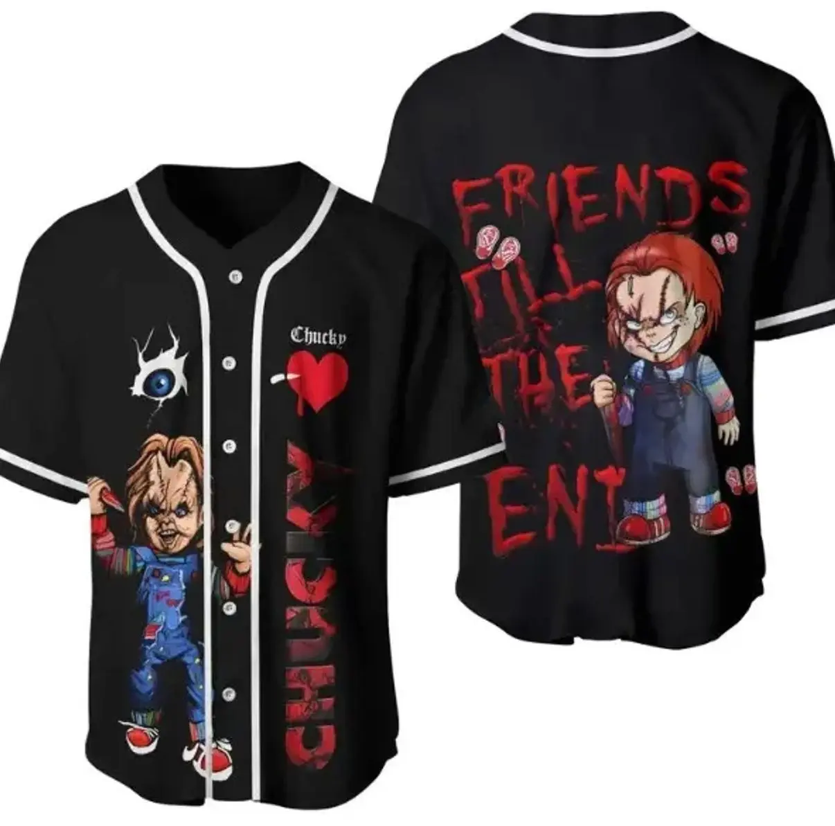 Chucky Inspired 3D Baseball Jersey, Horror Doll Graphic Button Up Shirt, Halloween Baseball Jersey, Scary Movie Fan Gift, Unisex Jersey