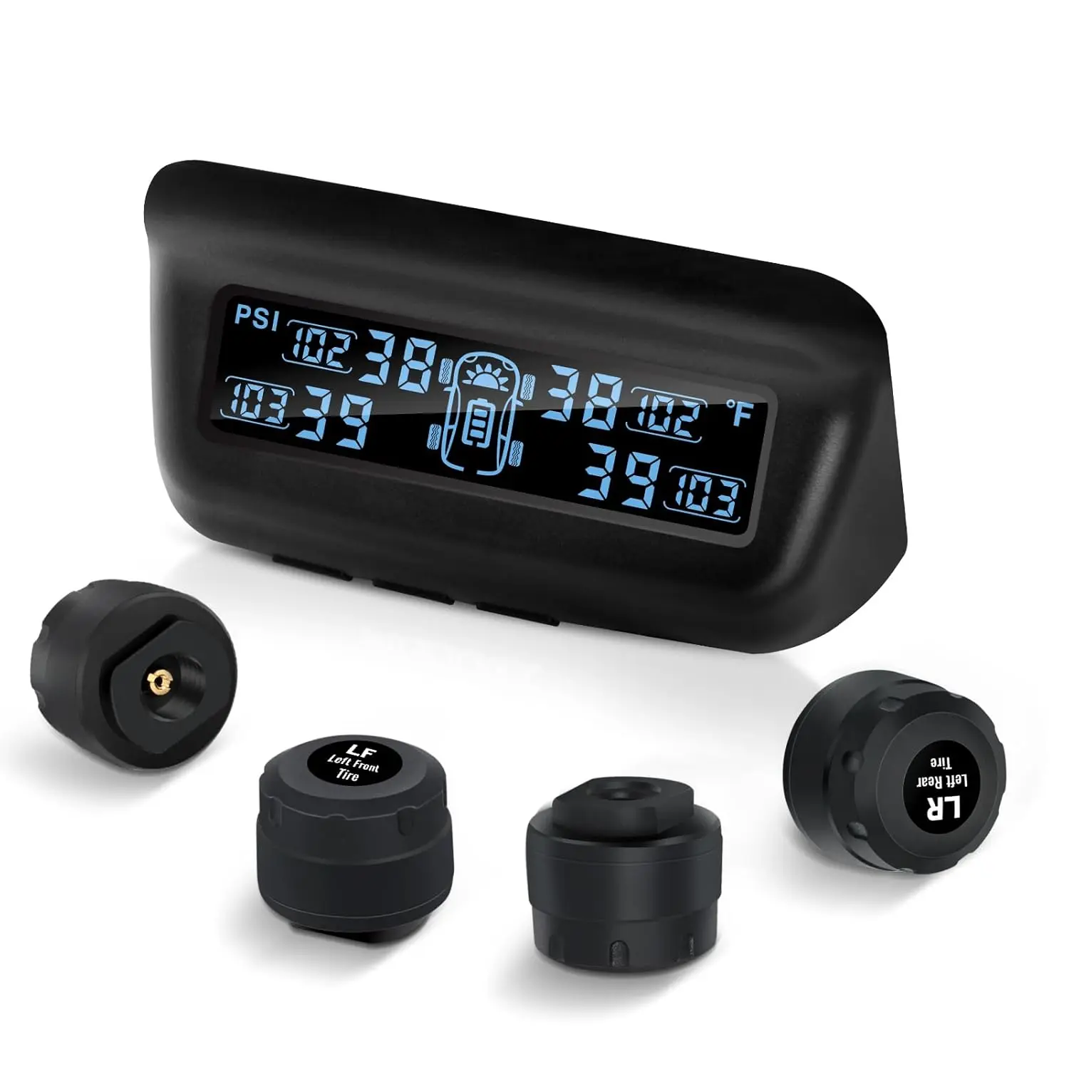 Digital RV/Trailer Tire Pressure Monitoring System (TPMS) with Solar Charging, Auto-Calibration Function, M13 LCD Display, 4-Sensor Set, 0-87psi Calibrate Capability, 4 Sensors