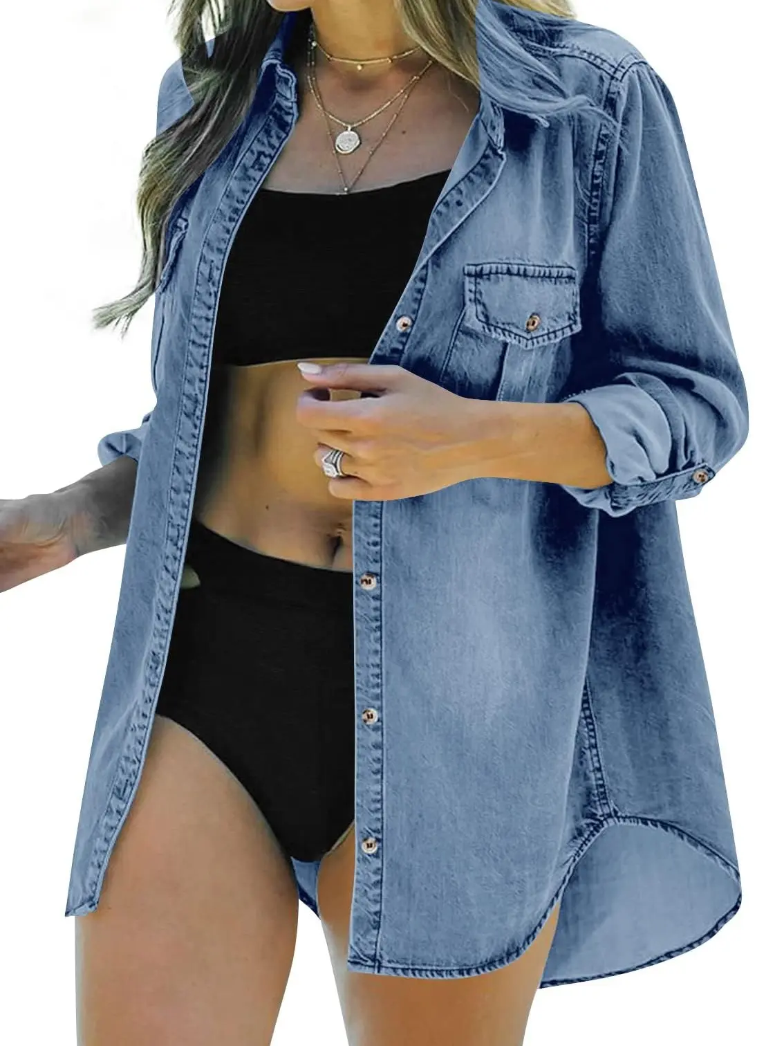 Imily Bela Womens Spring Summer Button Down Denim Shirt Long Sleeve Roll Up Casual Oversized Jean Shirt Jacket Distressed Tunic Tops
