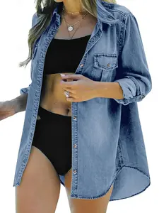 Imily Bela Womens Spring Summer Button Down Denim Shirt Long Sleeve Roll Up Casual Oversized Jean Shirt Jacket Distressed Tunic Tops