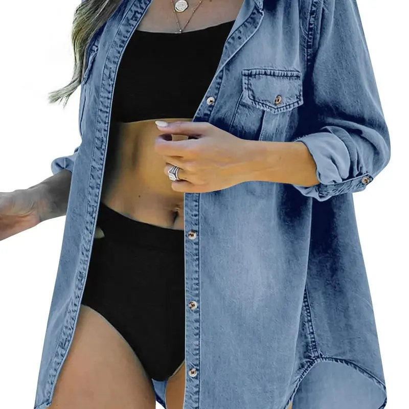 Imily Bela Womens Spring Summer Button Down Denim Shirt Long Sleeve Roll Up Casual Oversized Jean Shirt Jacket Distressed Tunic Tops