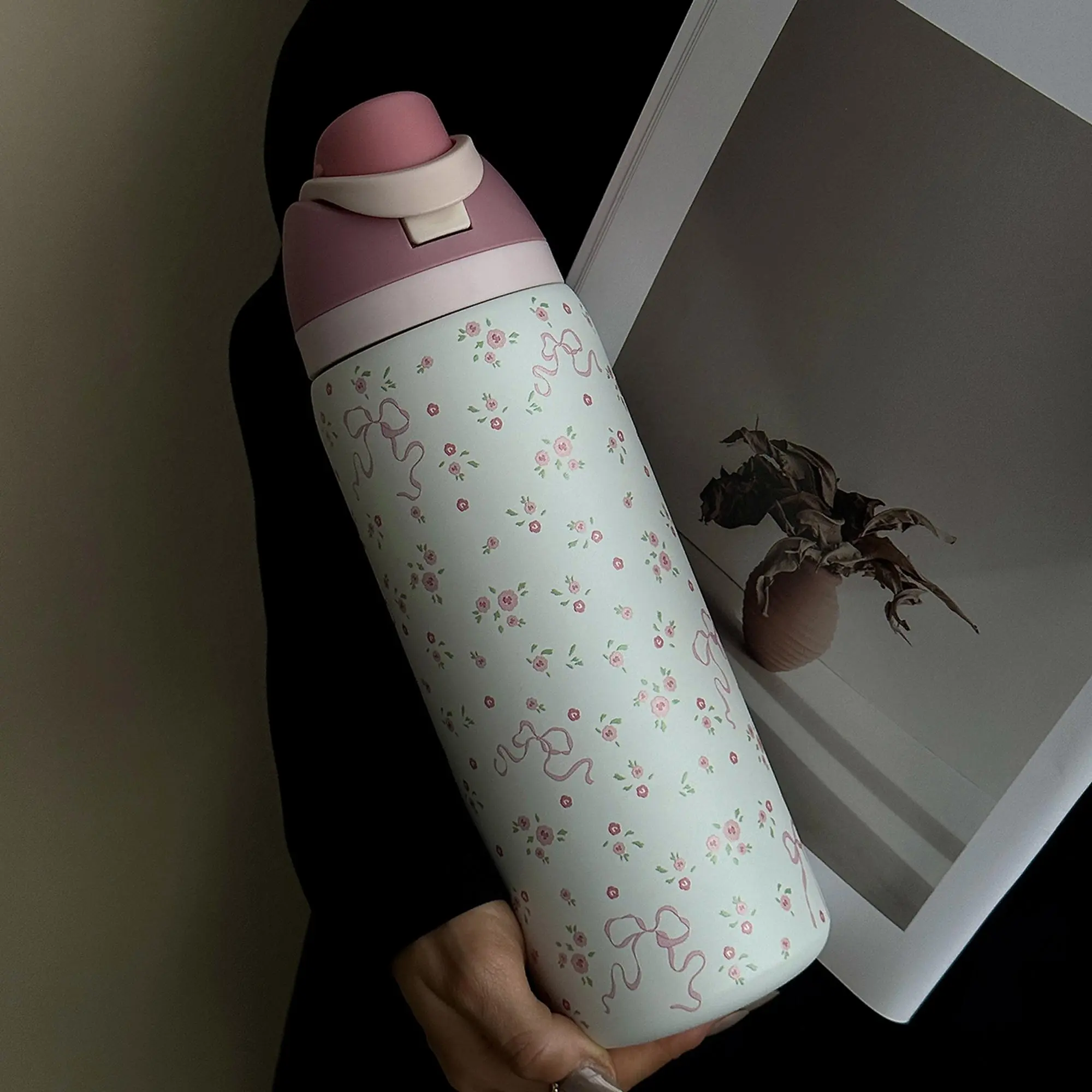 1pc Floral Pattern Insulated Stainless Steel Sports Bottle, 32oz-40oz Sizes, Travel Cup with Straw for Gym School, Thermo Tumbler, Insulated Vacuum Flasks, Insulated Water Bottle, Stainless Steel Drinkware, Reusable Vacuum Insulated