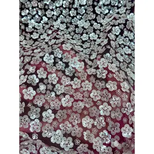 3D White Sequin Flowers on Baby Pink Mesh