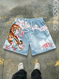 Japanese Style Cherry Blossom Tiger Mesh Gym Workout Shorts, Men's Breathable Basketball Shorts, Fitted Letter Pattern, Made in China