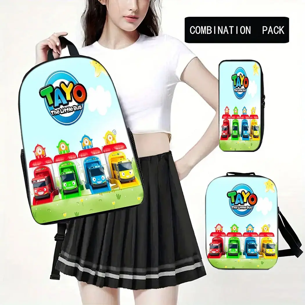 3-Piece Cartoon Bus Print Backpack Set for Kids, Synthetic Oxford School Bag with Insulated Lunch Box & Pencil Case, Top Handle, Fits 15in Laptop for Back to School, Back To School Haul, Campus Life