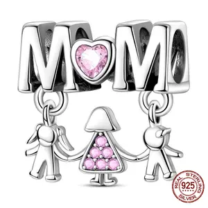 MULA Mom and Child Holding Hands S925 Silver-plated Beads with Pink CZ Hearts - Perfect for Mother's Day, Birthdays and Family Celebrations, Compatible with Pandora Bracelets and Necklaces