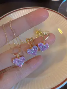 2024 Summer Heart Shape Design Jewelry Set, Wedding Set Earrings, Pink Artificial Zircon Inlaid Pendant Necklace and Dangle Earrings, Sweet Fashion Matching Jewelry Accessories, Glamour Set