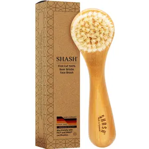 SHASH Made in Germany Hand Made Since 1869 First Cut 100% Boar Bristle - Exfoliating Face Brush, Scrub Cleansing Brush, Exfoliates Skin to Help Reduce Flaking, Fine Lines, Supports Glowing Complexion