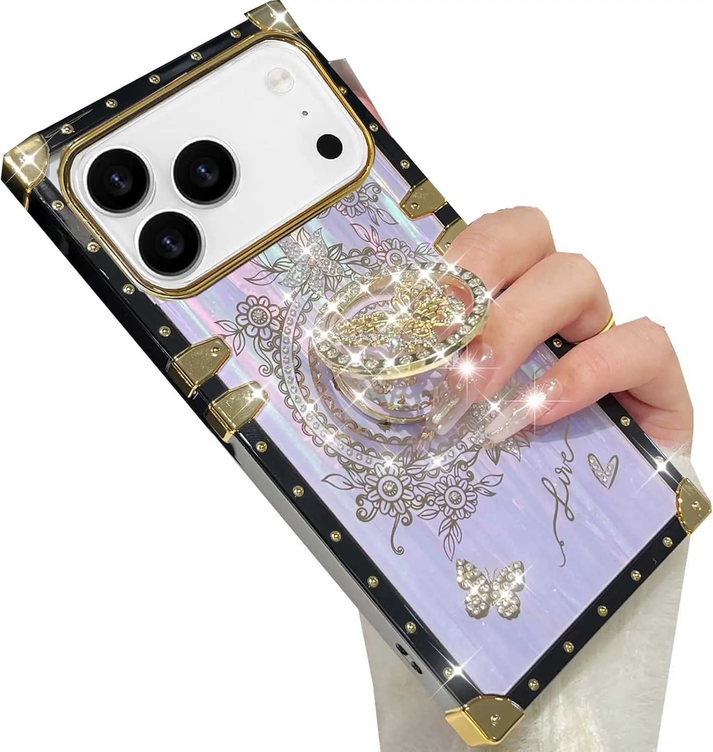 Glitter Kickstand Case for  17 Pro Max,Cute Luxury Bling Sparkly  Butterfly with Ring Stand Elegant Floral Shockproof Protective Case for Women Girls for  17 Pro Max,Purple