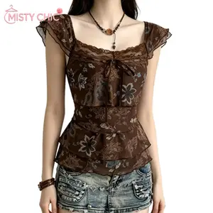 MISTY CHIC Floral Mesh Lace Retro Top with Ruffled Cap Sleeves and Bow Detail, Trending Grunge Vibe, Great for Streetwear, Brunch and Everyday OOTDs That Feel Effortlessly Chic and Edgy Always Everywhere You Go