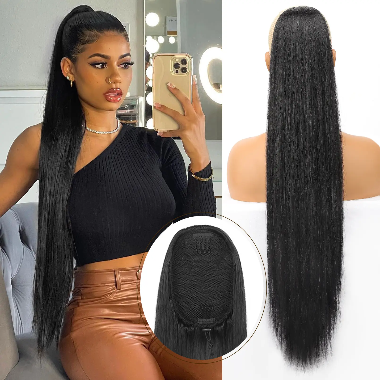 [KooKaStyle]Long Straight 32-Inch Drawstring Ponytail Extension - Natural Soft Synthetic Hairpiece, Clip-In, Heat-Resistant, Black Fake Pony Tail for Women