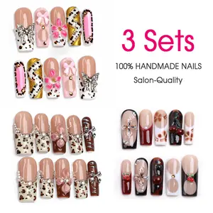 3 Sets Press On Nails, Handmade Acrylic Flower Pattern Glossy False Nails, Reusable Colorful Custom Fake Nail Art, Stylish Holiday Daily Wear Reusable Press On Nails