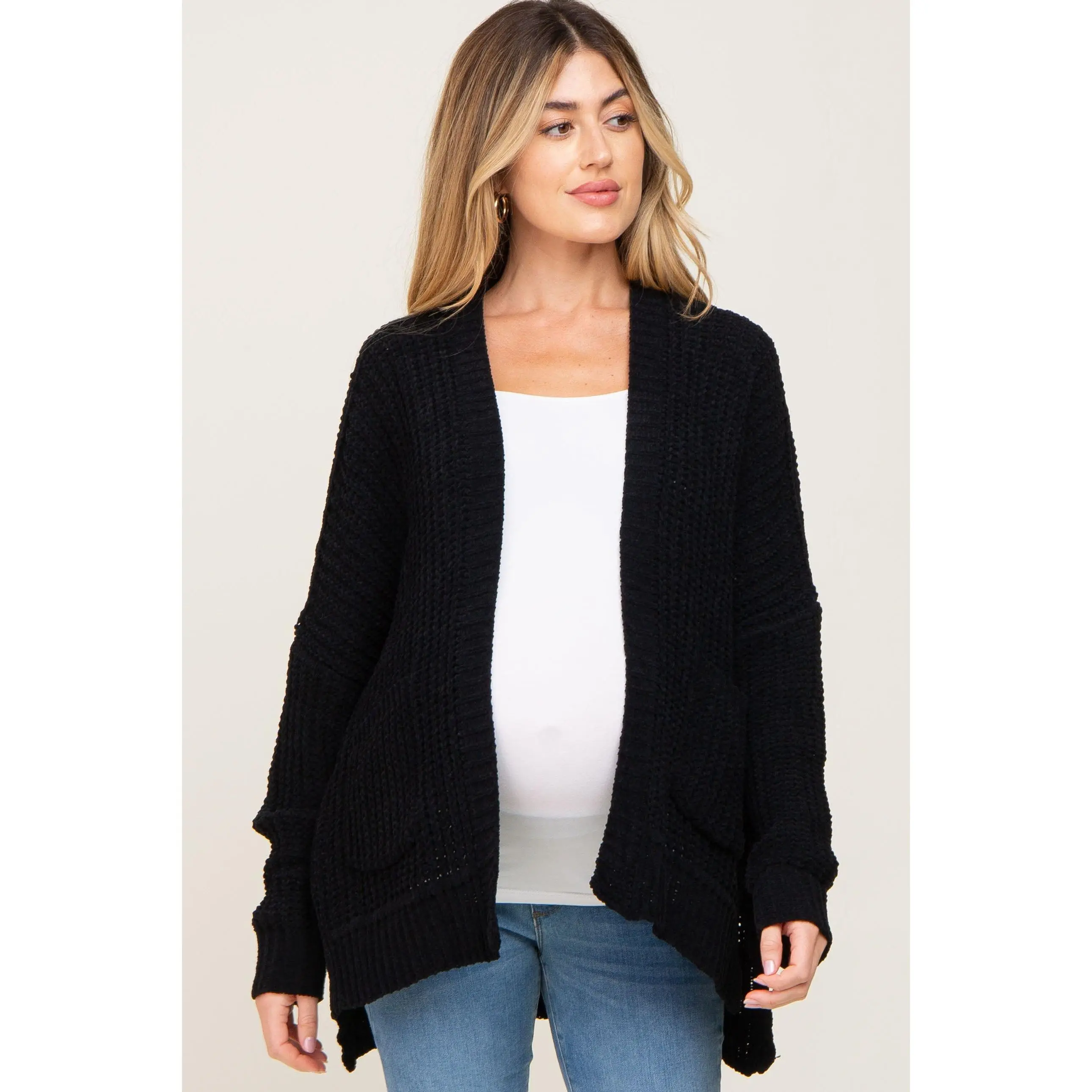 Maternity Apparel: Black Chunky Knit Cardigan, Super Soft Oversized Open Front Sweater with Pockets and Side Slits