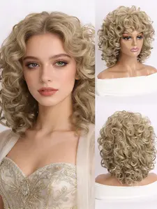 Fashion Curly Bob Wig, Short Wave Synthetic Hair, Dark Roots Light Tips, 100% Dense, Suitable for Daily Wear and Parties, Glueless Bob Wig