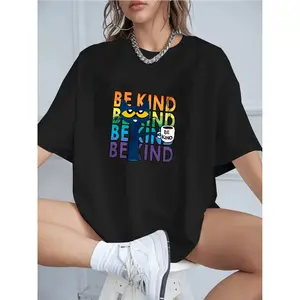 Women's Cotton T-Shirt with Colorful "Be Kind" Pattern Casual Short Sleeve Crewneck Graphic Tee St Breathable Summer Top for Daily Wear Cute Cat Print Comfortable Blouse Day The Mexican Unisex Maternity Halloween T-Shirt Plus Size Thanksgiving Hat Men's 3