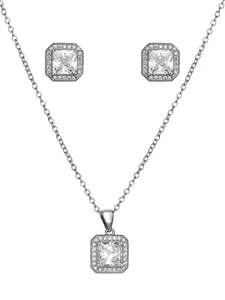 Believe by Brilliance Women'S Square Cubic, Earrings and Pendant Set, Brass and Silver-Plated Chain Jacmel Jewelry