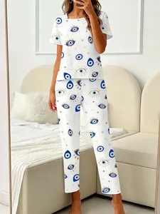 Women's Pajama Set, Blue Devil Eye All over Print, Soft Crew Neck Short Sleeve & Long Pants, Comfortable Milk Silk, Casual Loose Fit