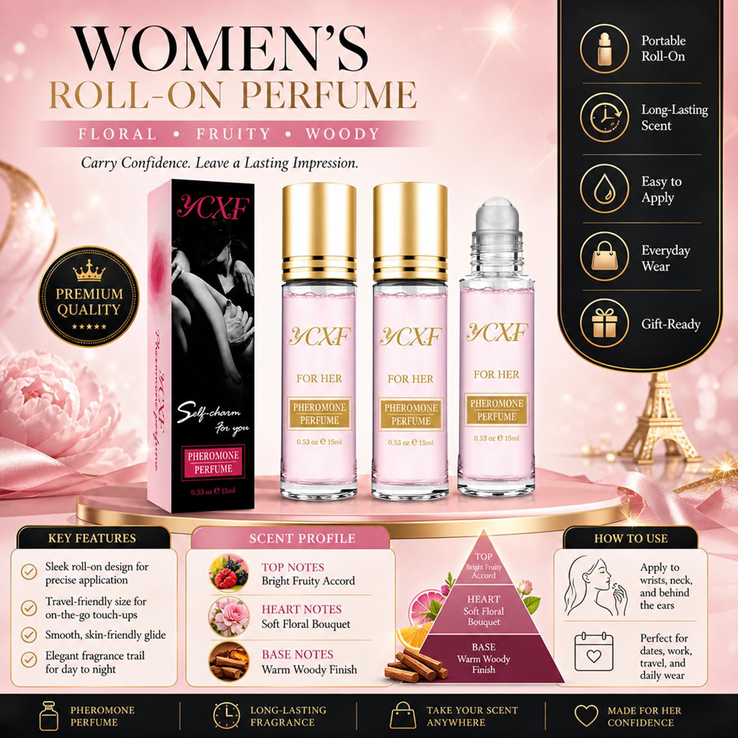 Women's Pheromones Perfume Mini Roll-On - 15ml/0.5fl.oz Travel-Size Fragrance, Long-Lasting Floral Fruity Accord, Ideal for Christmas, Birthday - Enhances Attraction, Captivates Focus for Romantic Moments, Pheromones Perfume Women