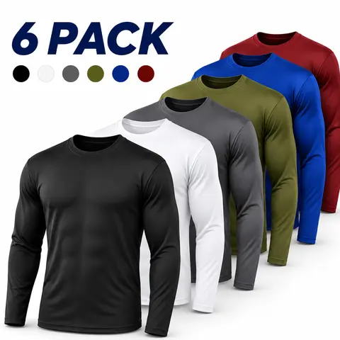 OKP Men's 6-Pack Solid Polyester UPF Fabric Long Sleeve Athletic Tops, Breathable Crew Neck Sportswear for Fall Winter Gym Training & Sports