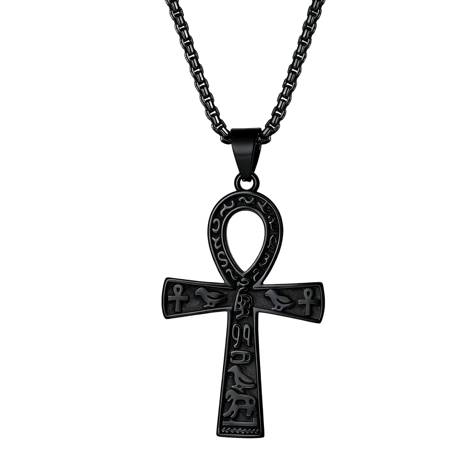 OIDEA Men's Statement Ankh Necklace, Black Stainless Steel Egyptian Hieroglyph Pendant, 23.6 in Long Chain Amulet for Daily Wear, Ankh Necklaces, Ancient Egyptian Style Necklaces