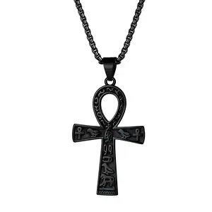 Men's Ankh Cross Necklace, Stainless Steel Egyptian Ankh Pendant with Hieroglyph Symbols, Ancient Egypt Amulet Necklace, Black Religious Cultural Jewelry Gift for Men