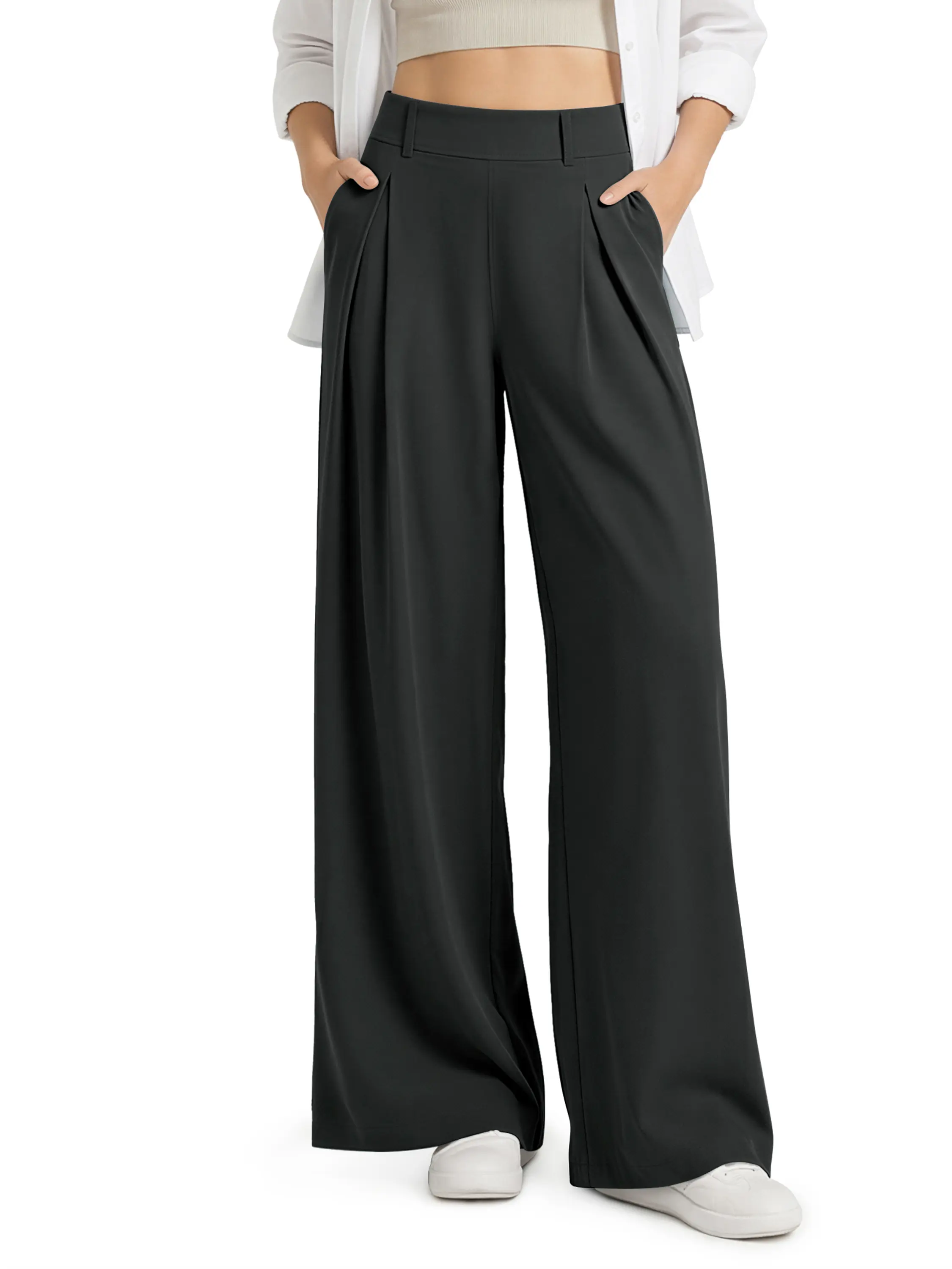 ODODOS Chiffon Flowy Pleated Wide Leg Pants for Women Lightweight High Waist Trouser with Pockets-27" Inseam