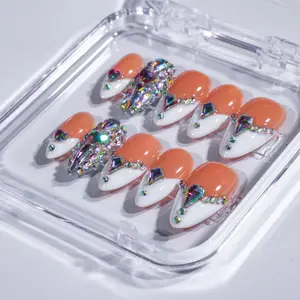 LikeTeTe Luxury Press On Nails – 1” Sharp Almond, white french Rhinestone Glam acrylic press on nails set salon nails Marble Pattern