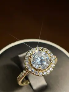 SUNLIGHT    Item#00000008 European 14K Gold Plated Halo Four-Prong Setting Round-Cut Large White Cubic Zirconia Adjustable Fashion Ring (Center Stone 2 Carat, Ring Size 6 and Up)