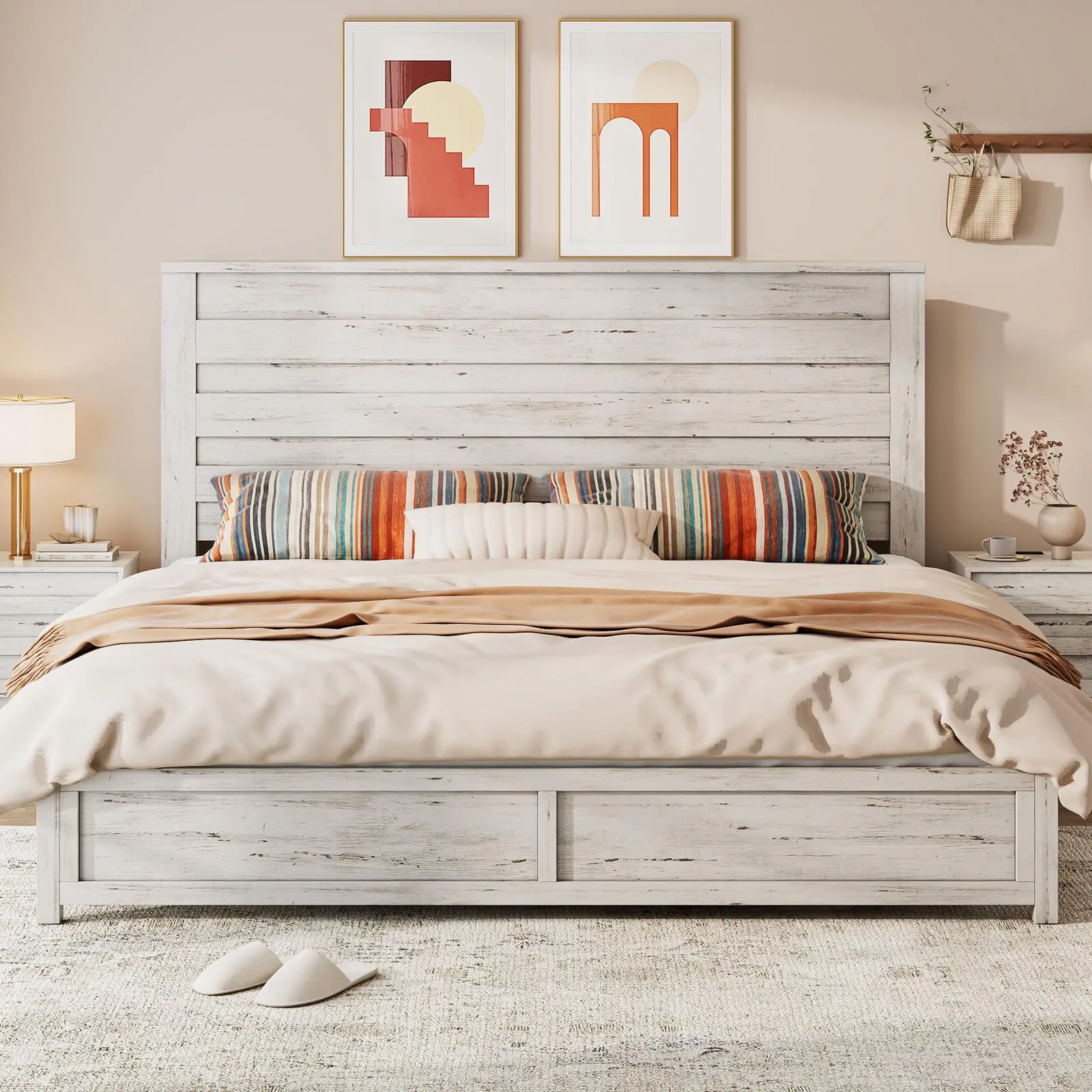 Amerlife 49" High Farmhouse Platform Bed - Sturdy Wood-Finished Bed Frame with Wood-Metal Construction, Included Slats, No Box Spring Needed, Noise-Free, Christmas Gift Idea, Sturdy Bed Frame, Wood-Finished Bed Frames