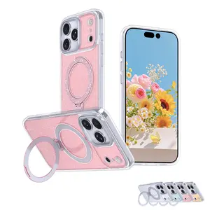 Glitter Magnetic for iPhone 17/17 Pro/17 Pro Max/16/15/14/13/12 Case with 360° Rotatable Ring Kickstand, Women Cute Glitter Sparkly Phone Case Compatible with Magsafe, Military-Grade Drop Protection Phone Case