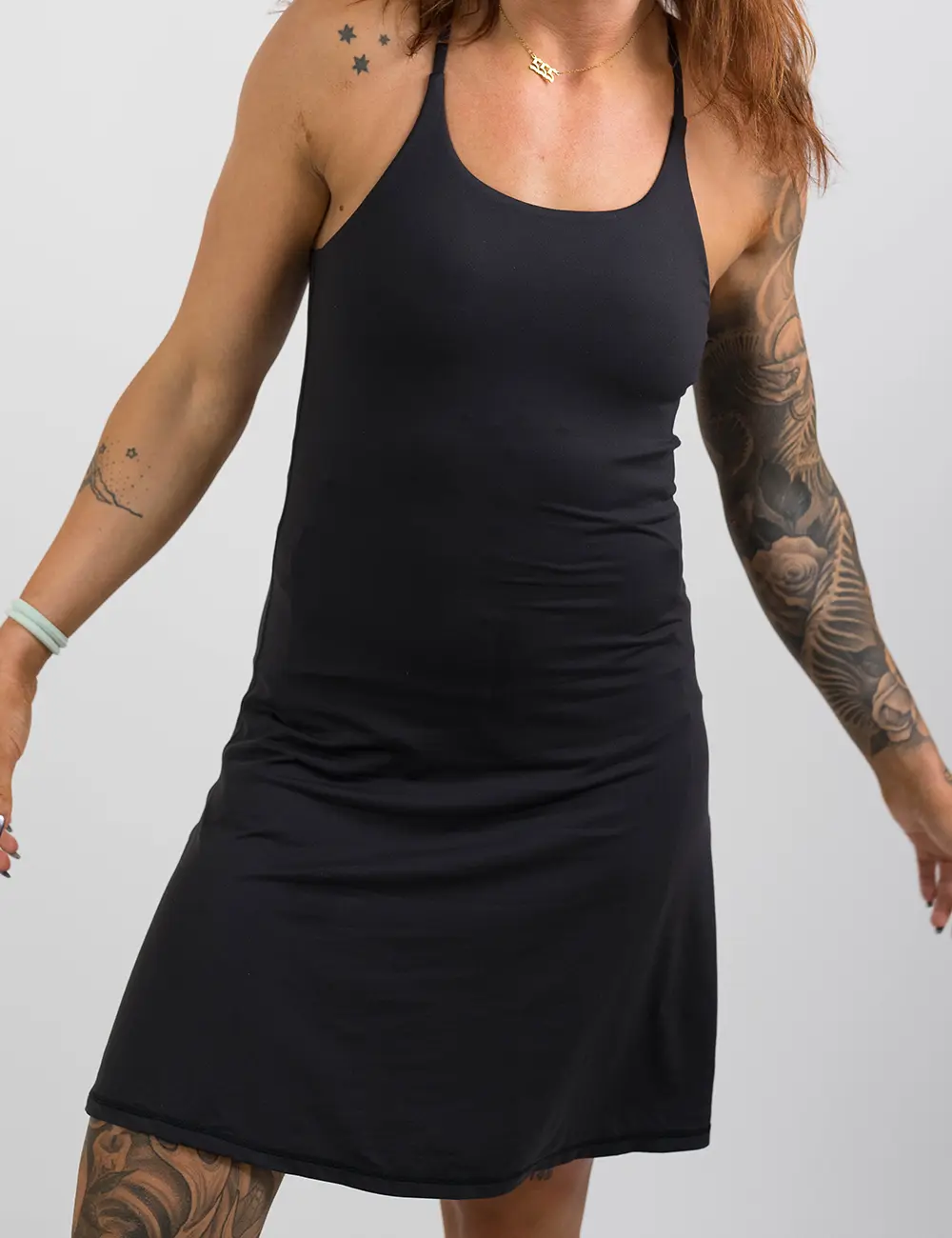 CONSTANTLY VARIED GEAR Women's Limitless Dress 2.0 - Black Polyester A-Line Sports Dress, Adjustable Criss-Cross Straps, Teardrop Back, Built-In Bra, 2 Pockets on Inner Short, All Seasons Day Playsuit