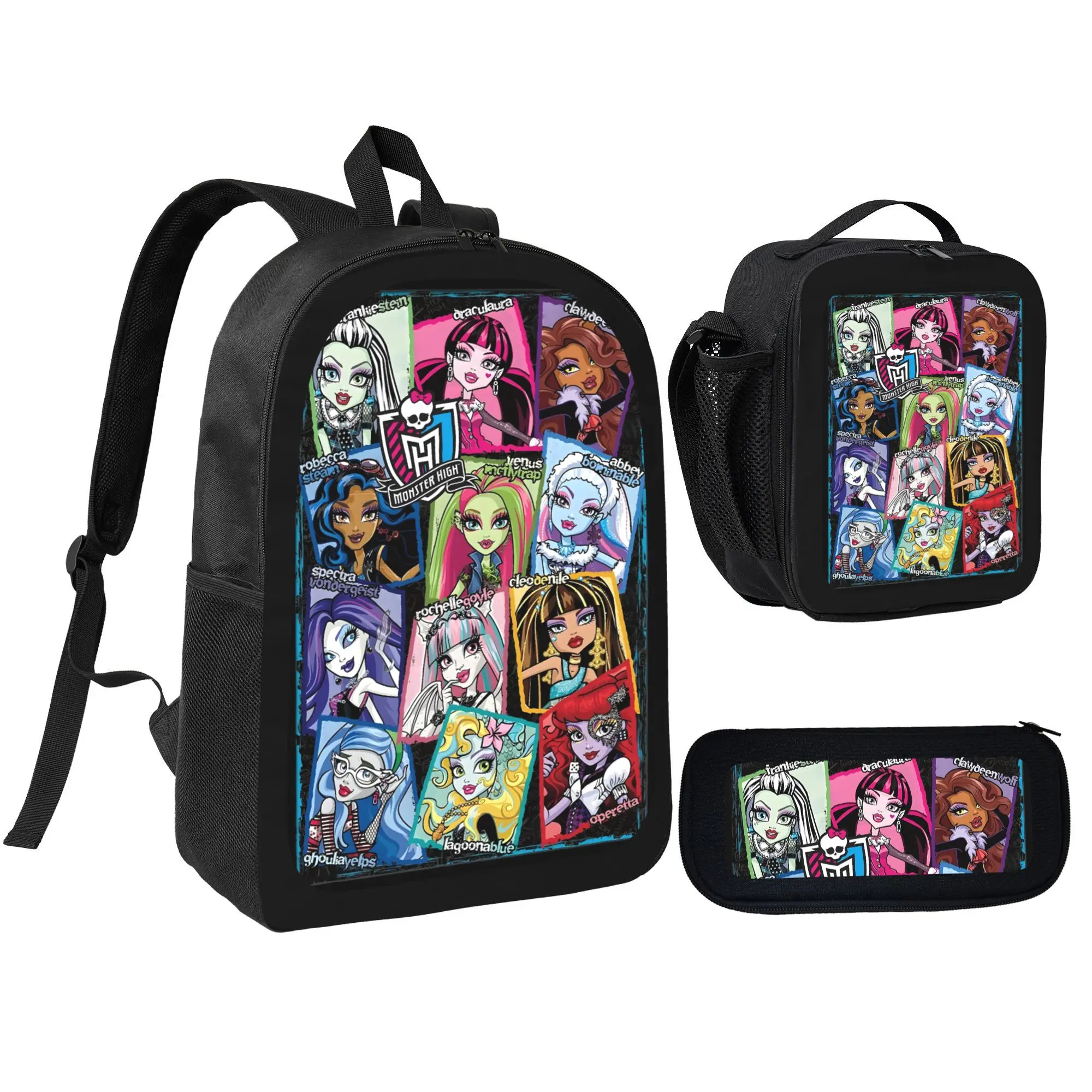 Men's 3-Piece Monster High Anime Cartoon Backpack Set - Polyester, Lightweight, Includes School Bag, Pencil Case, Insulated Lunch Bag - for Daily Use, Holiday