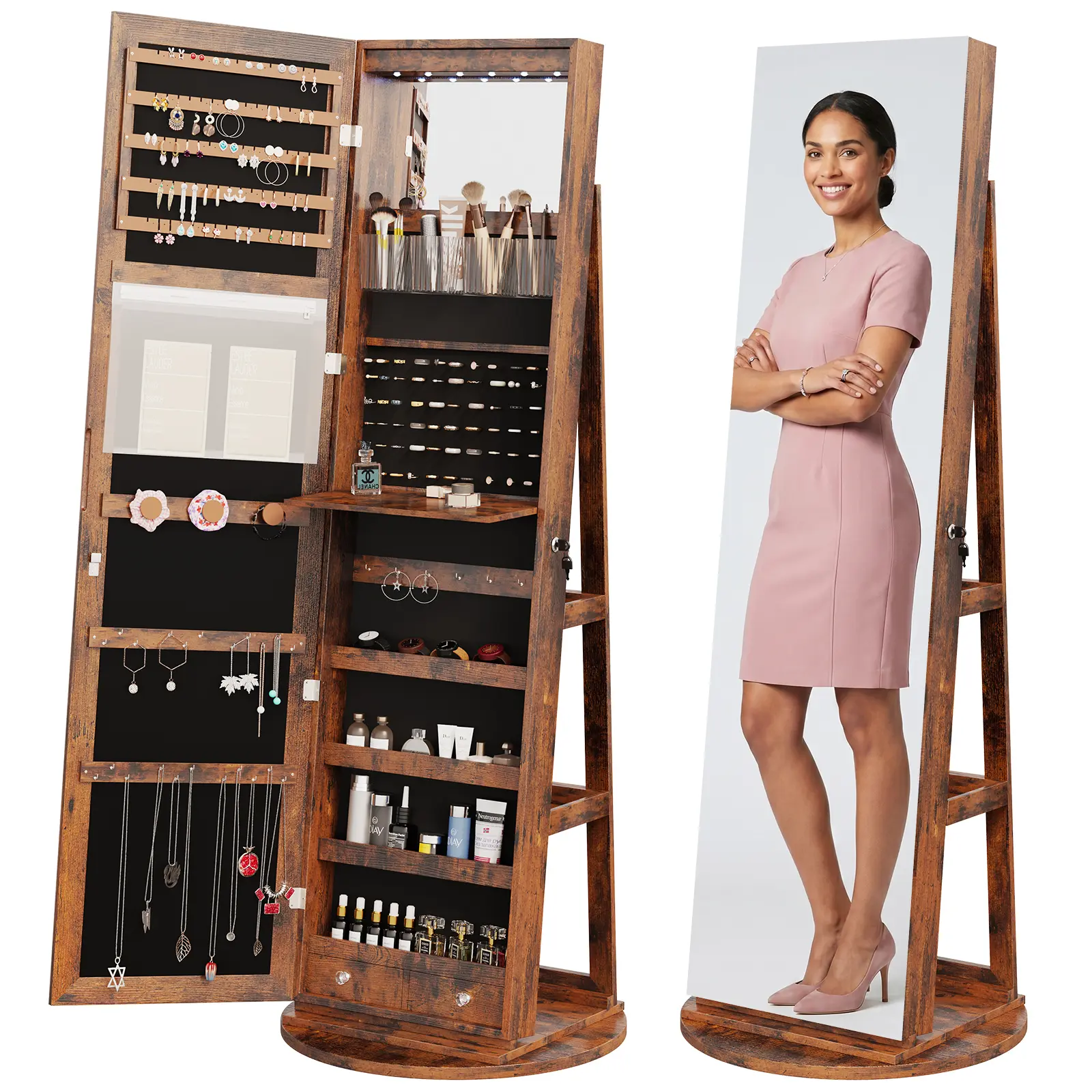 6 LEDs Standing Jewelry Armoire Cabinet, Full Length Mirror, Lockable | 360° Swivel, Jewelry Organizer and Storage, Build-in Mirror, Foldable Makeup Tray, Additional Storage Shelf