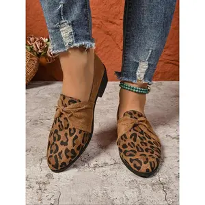 Women's Fashion Leopard Print Bowknot Design Slip on Mules, Casual Comfortable Pointed Toe Shoes for Daily Wear, Lightweight Breathable Shoes for Spring & Fall