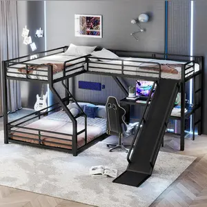 L-Shaped Triple Bunk Bed Twin XL Over Queen with Slide, Desk & USB Ports, Metal Floor Bunk Beds with 2 Ladders & Guardrails for Teens, Adults,  Black