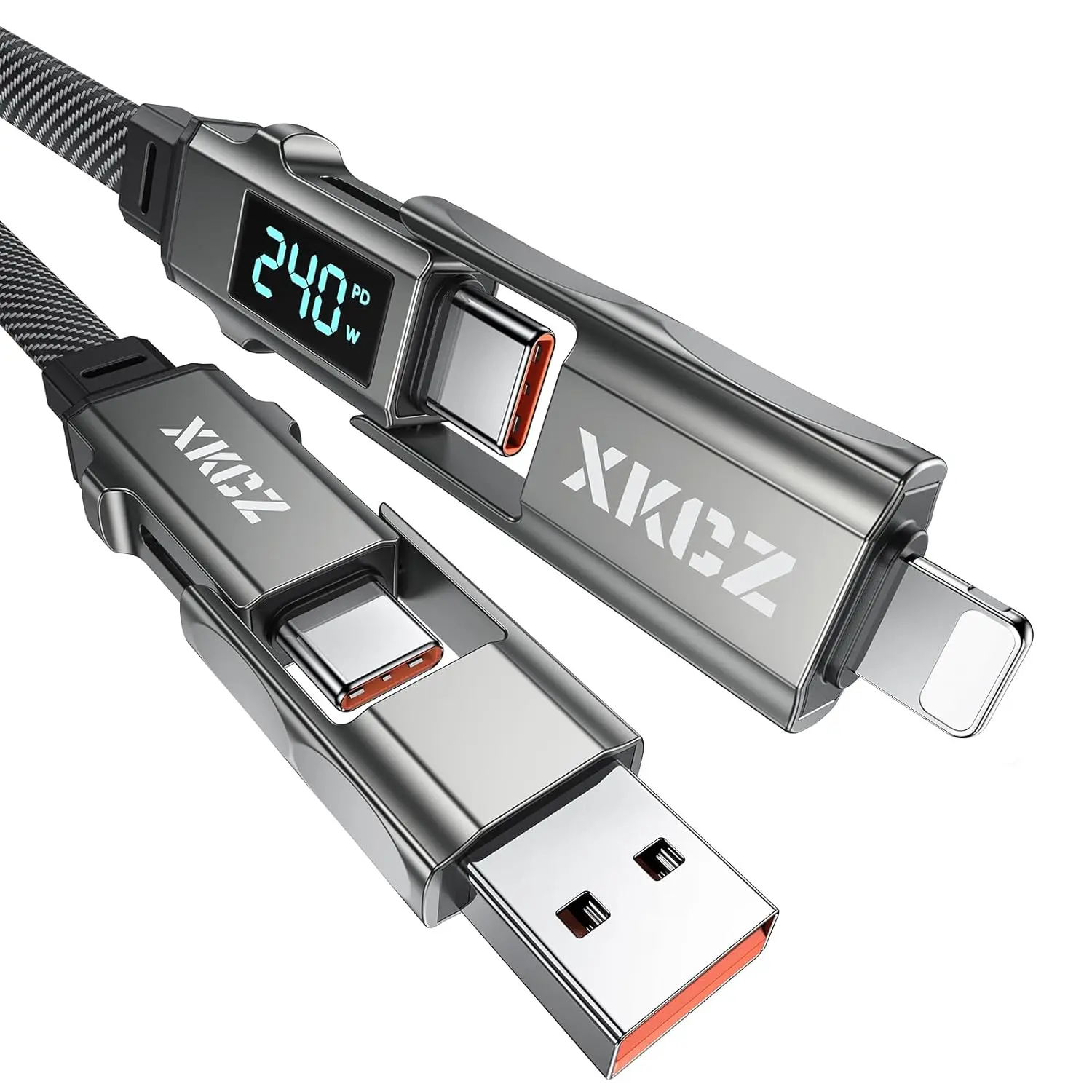 4 in 1 USB C Cable with Wattage Display, 240W Flat Nylon Braided Multi Charge Cable with Data Sync, USB C Charging Cord Combo Type C/USB A/L Port for iPhone/iPad/Samsung/Laptop, 3FT