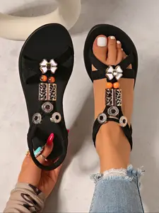 Women's Fashionable Flower Design Beaded Decor Rubber Sandals, Boho Style Classic Flat Sandals for Summer Beach Vacation, Casual Versatile Shoes for Daily Wear, Girl