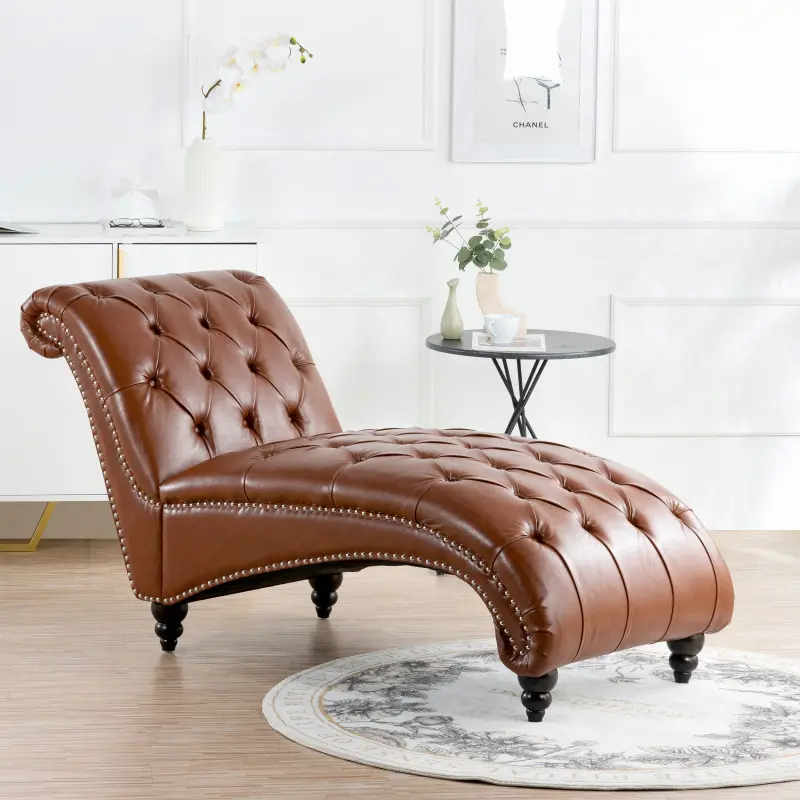 Classic Tufted PU Leather Armless Chaise Lounge Indoor Chair - High Rebound, Bubble Nail Trim, 220lb Capacity, 27.17"W * 62.8"D * 32.87"H, 49.00 lbs, Wood Frame, KD Assembly Required, Sponge