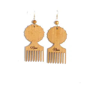 Wooden Afro Comb Earrings are customizable with Gold Hooks and Beaded Accents for Stylish Accessory