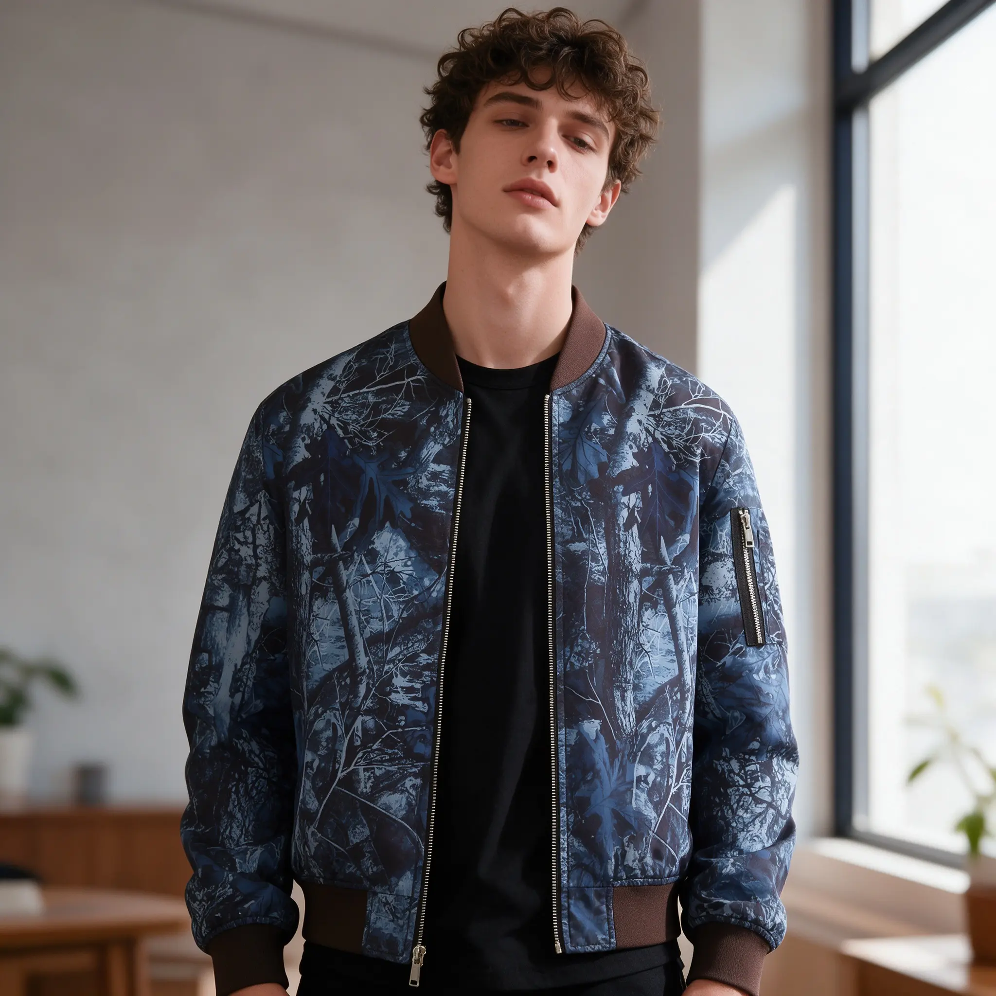 Men's Leaf Camouflage Print Baseball Jacket, Casual Long-Sleeve Zip-Up Aviator Jacket