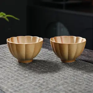 A31. Retro coarse pottery milk tea cup, high-temperature resistant petal tea cup, set of 2 pieces