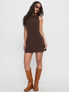Princess Polly Alfalfa Corduroy Mini Dress Chocolate High Neckline Tie & Zip Closure Casual Fit 100% Polyester Fully Lined