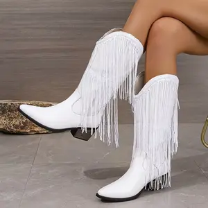 Women Western Cowboy Boots Fringe Tassel Mid Calf Boots Pointed Toe Chunky Heel Sequined Detail Fashion Party Boots