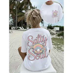 Plus Size - [Front And Back Images] Wo'S Summer Casual Top, Sweet Style, Shell, Pearl, Flower, Salty Soul Print, Short Sleeve, Round Neck, Drop Shoulder T-Shirt