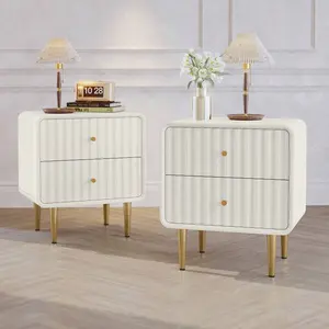 20" Modern Fluted Nightstand Set Of 2 White Wood Bedside Table With 2 Drawers & Gold Metal Handles Bedroom Furniture Mirrored Console Inlay Marble Dining Mobile Standing Desk Wheels
