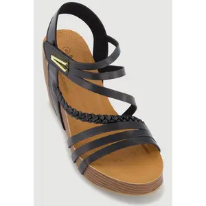 Metallic Detail Braided Velcro Ankle Strap Wedge Sandals