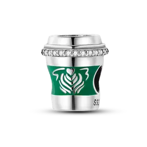 MULA Green Coffee Cup Charm - 925 Sterling Silver and Crystal Beads, Unique Gift for Coffee Lovers, Compatible with Pandora's Bracelets and Necklaces